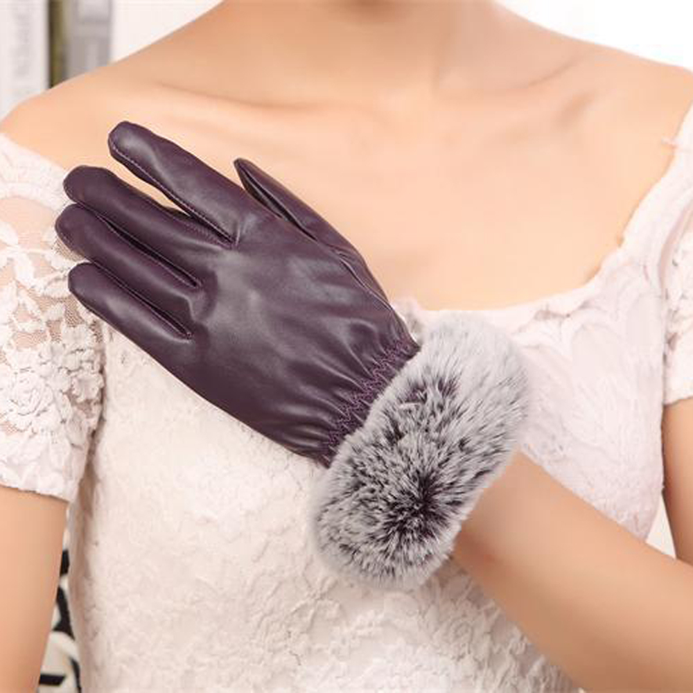 SZ60071-4 Womens Winter Touchscreen PU Leather Gloves Thermal Lining Mittens